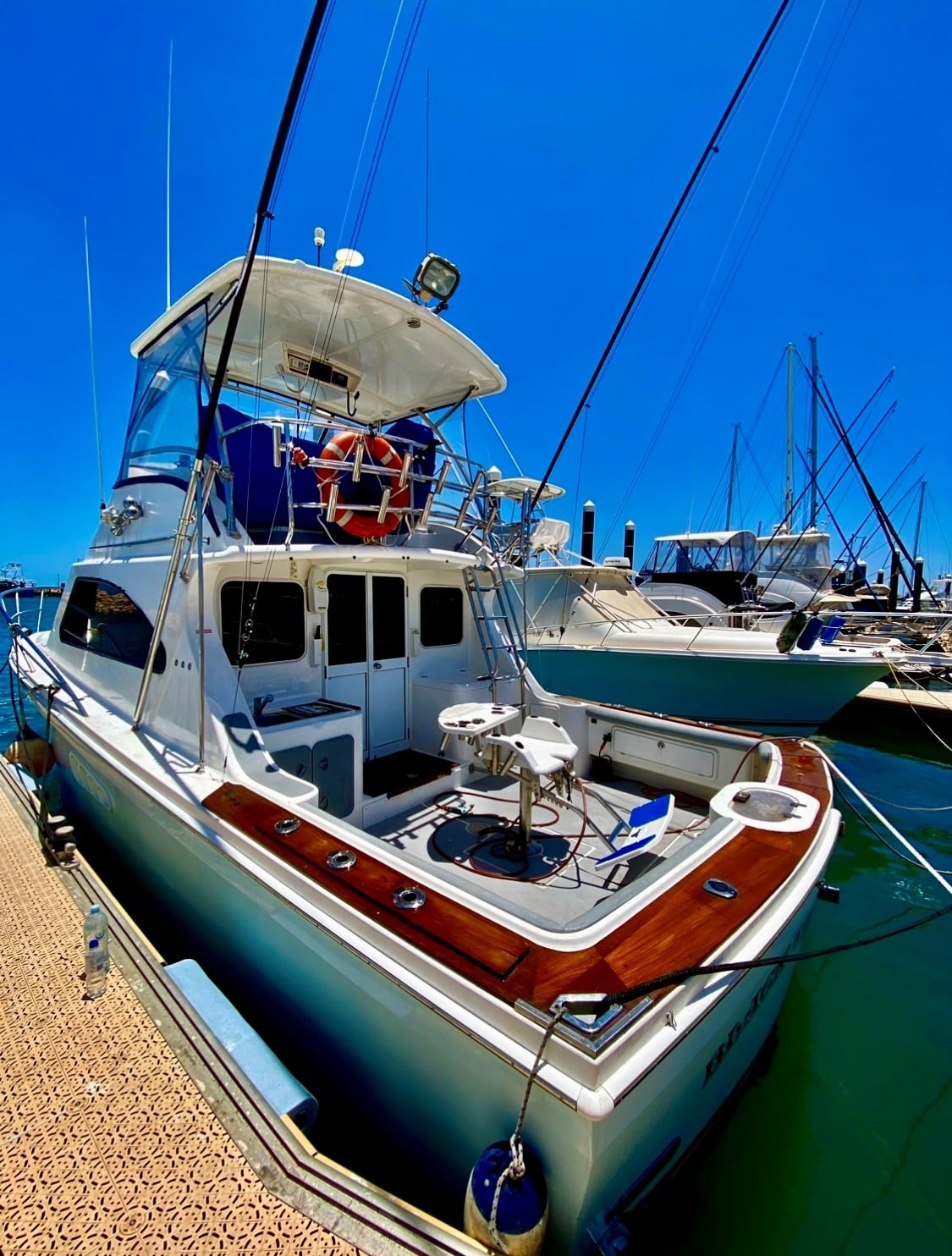Game fishing boat Black N Blue close up side on photo in Exmouth marina